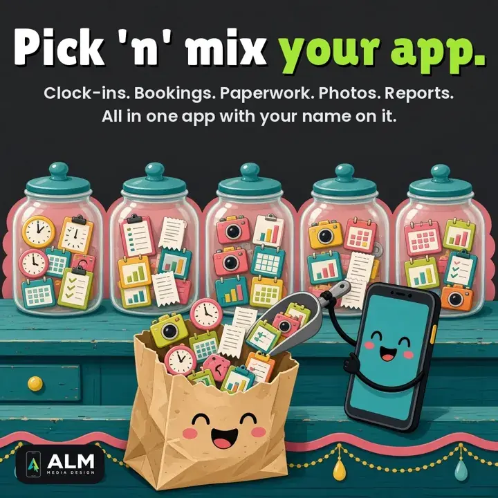 Illustration: pick 'n' mix your app, with clock-ins, bookings, paperwork, photos and reports all in one app