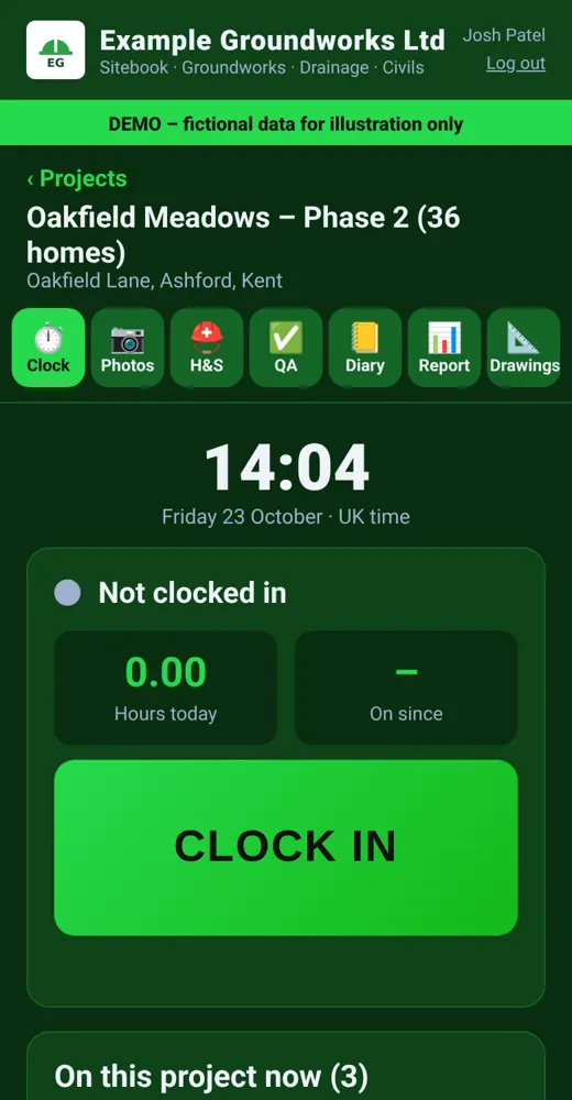 Construction site app demo on a phone: operative clock-in screen